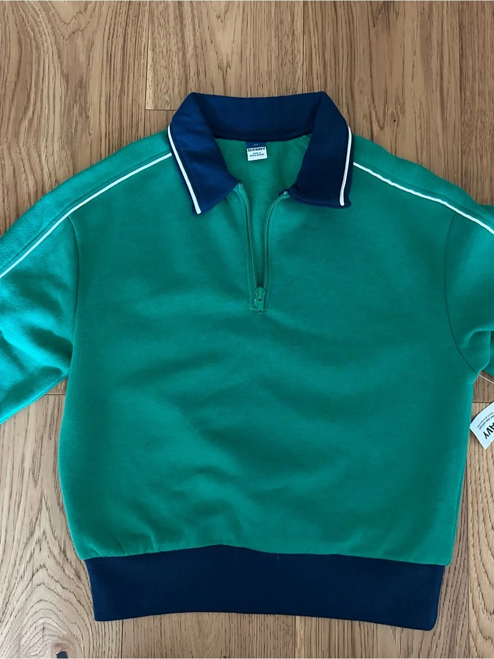 Boys Green Half-Zip Polo Sweatshirt with Navy Trim